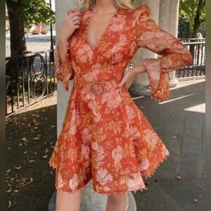 Zimmermann Orange Floral Long Sleeve Dress